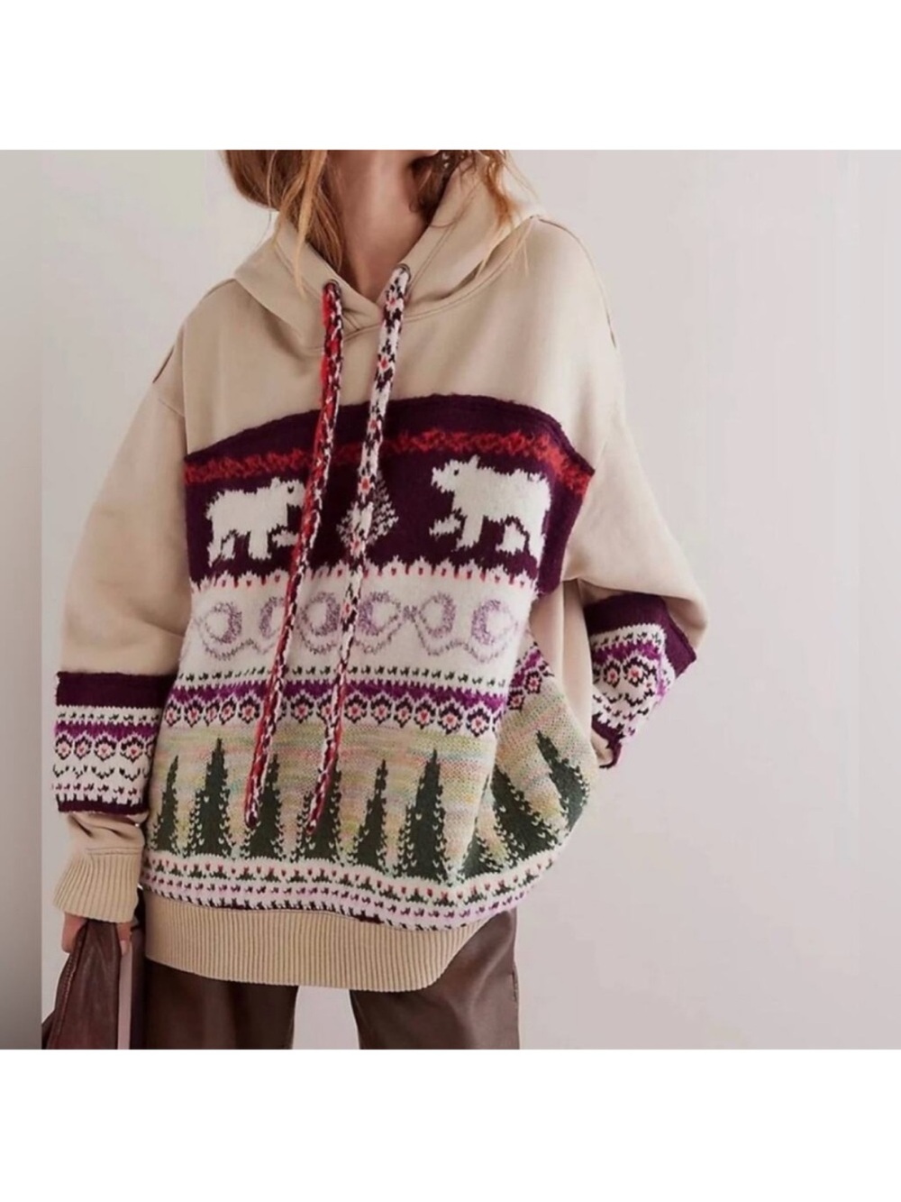 Free People Beige Hoodie with Burgundy, Green & Cream Fair Isle